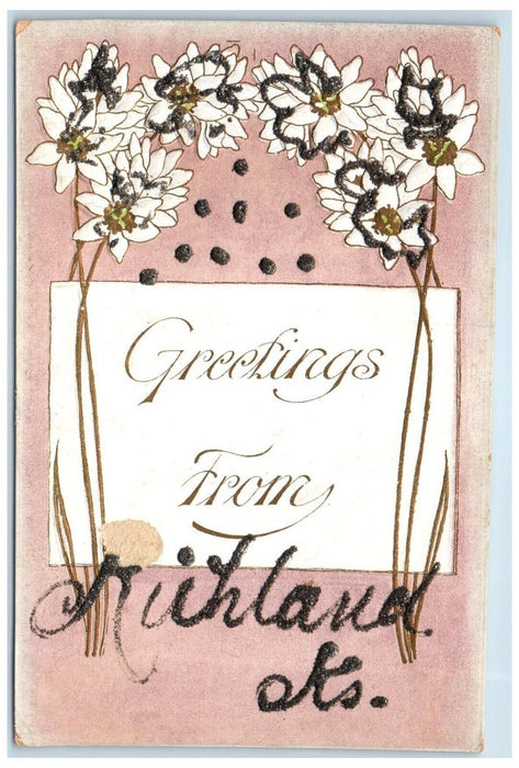 c1910 Greetings From Embossed Glitter Flowers Richland Kansas Vintage Postcard