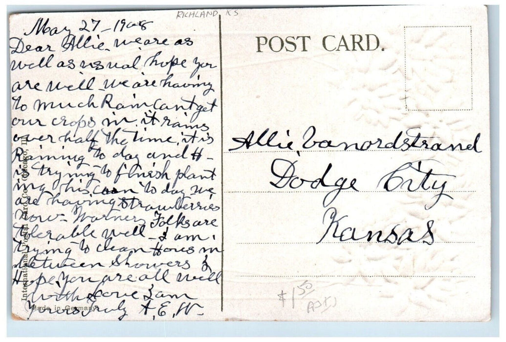 c1910 Greetings From Embossed Glitter Flowers Richland Kansas Vintage Postcard