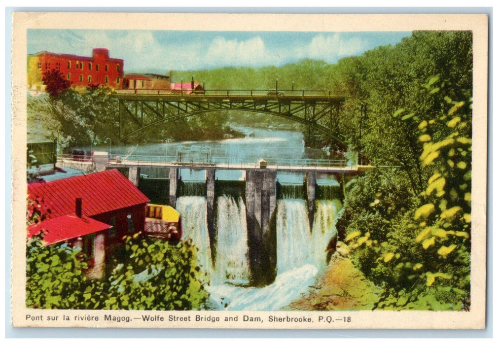 c1940's Wolf Street Bridge and Dam Sherbrooke Quebec Canada Vintage Postcard