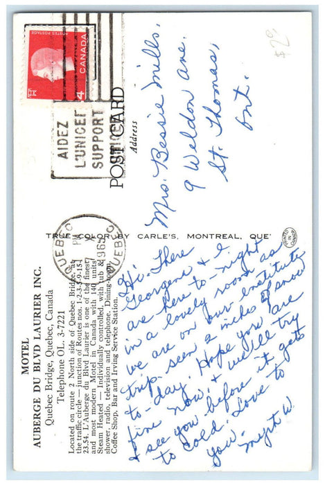 1965 Motel Auberge Du Blvd Laurier Inc Quebec City Quebec Canada Postcard