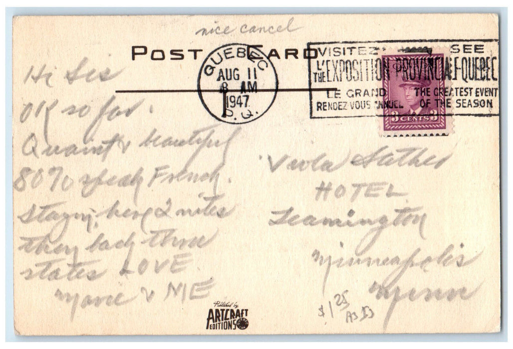 1947 Ancient & Hilly Quebec Canada As Seen from the River Nice Cancel Postcard