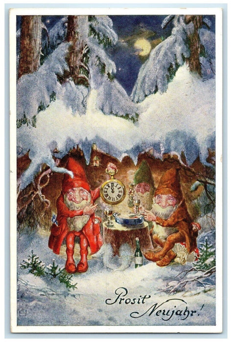 c1910's New Year Germany Elves Gnomes Clock Winter Scene Antique Postcard