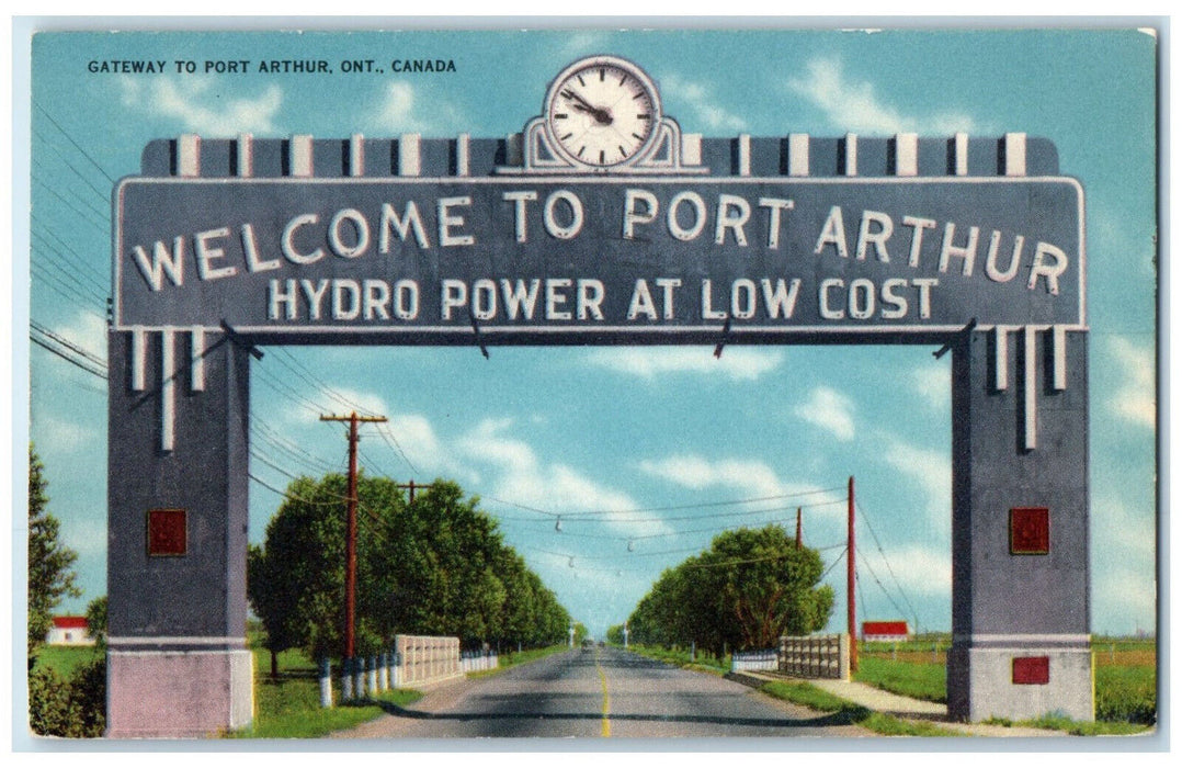 1955 Gateway to Port Arthur Ontario Canada Arch with Clock Entrance Postcard