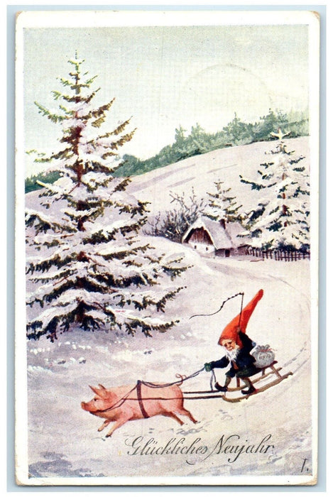 c1910's Christmas Elf Gnome Pig Sledding Winter Scene Austria Antique Postcard