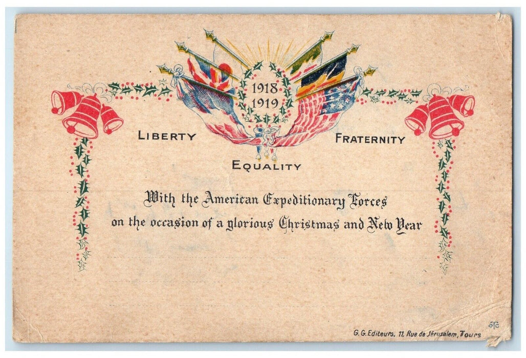 c1905 Christmas And New Year Liberty Fraternity Holly Berries WWI AEF Postcard