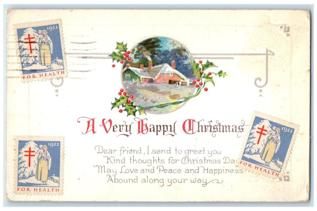 1922 Christmas Tied Seals House Winter Scene Holy Berries Vintage Postcard