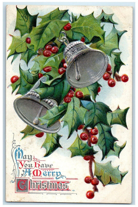 Christmas Ringing Bells Holly Berries Embossed Advertising Orrick MO Postcard