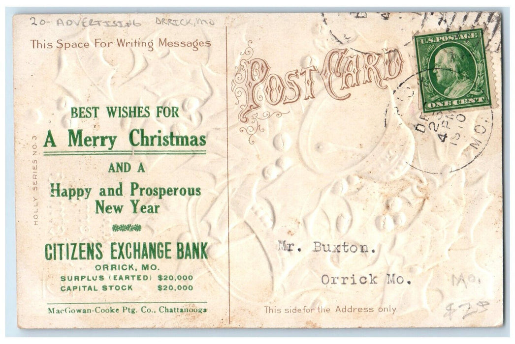 Christmas Ringing Bells Holly Berries Embossed Advertising Orrick MO Postcard