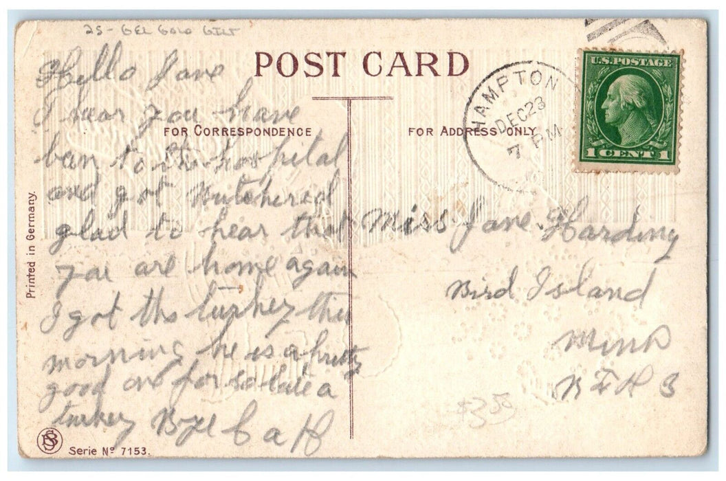 c1910's Christmas Greetings Dutch Kids Winter Gel Gold Gilt Embossed Postcard
