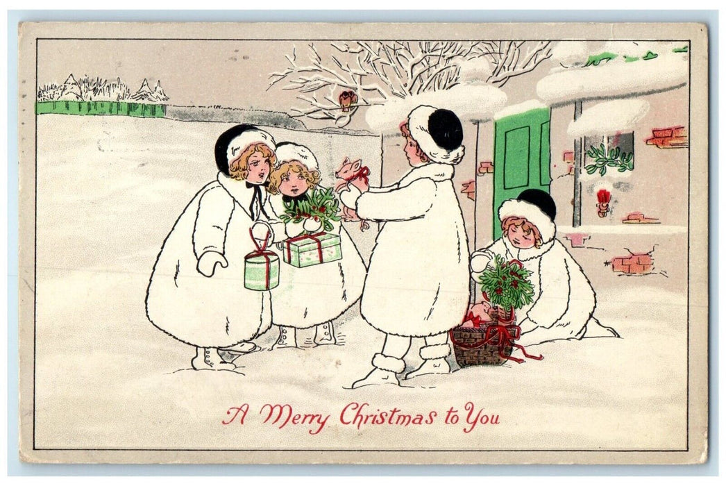 1915 Christmas Girls Holly Berries Winter Scene Portland Oregon OR Postcard