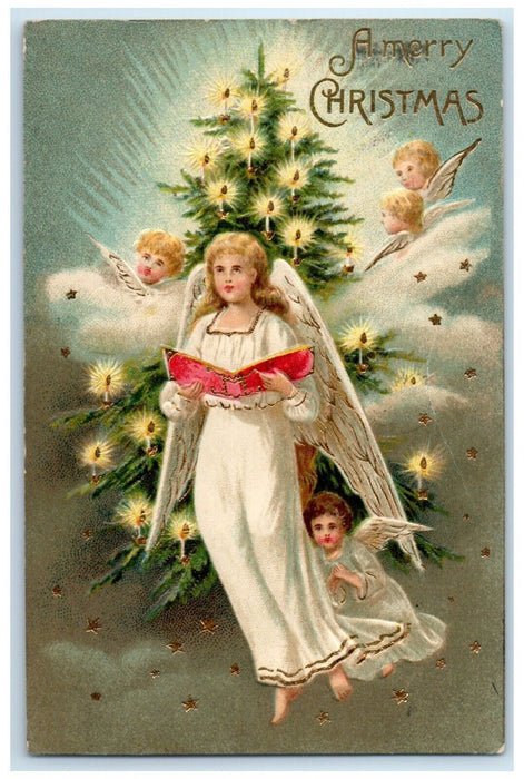 1910 Christmas Tree Candle Light Angel Carrol  Embossed Milwaukee WI Postcard