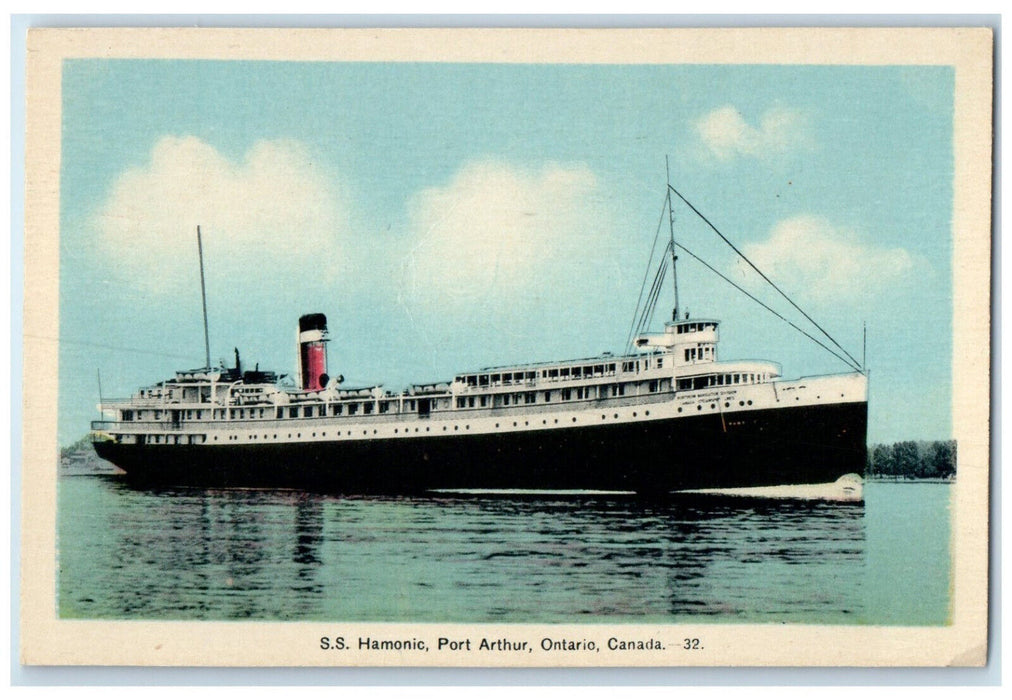 c1930's S.S. Hamonic Port Arthur Ontario Canada Sailing Scene Postcard