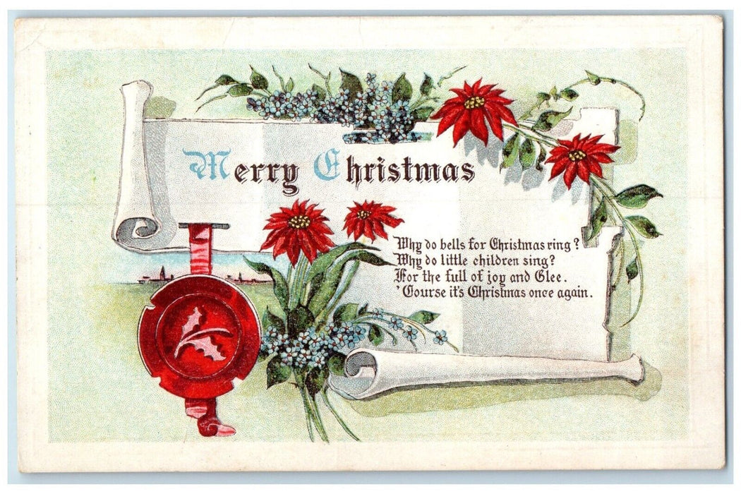 1917 Christmas Tied Seal Poinsettia Flowers Embossed Posted Antique Postcard