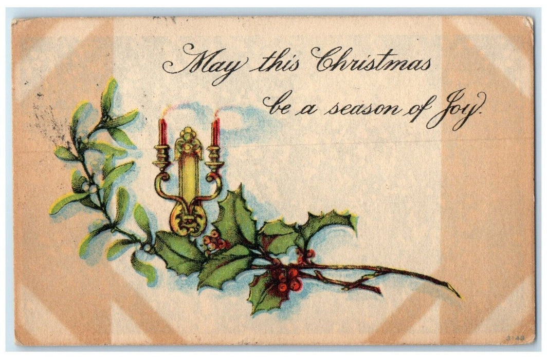 1917 Christmas Tied Seal Mistletoe Holly Berries Candles Stillwater MN Postcard