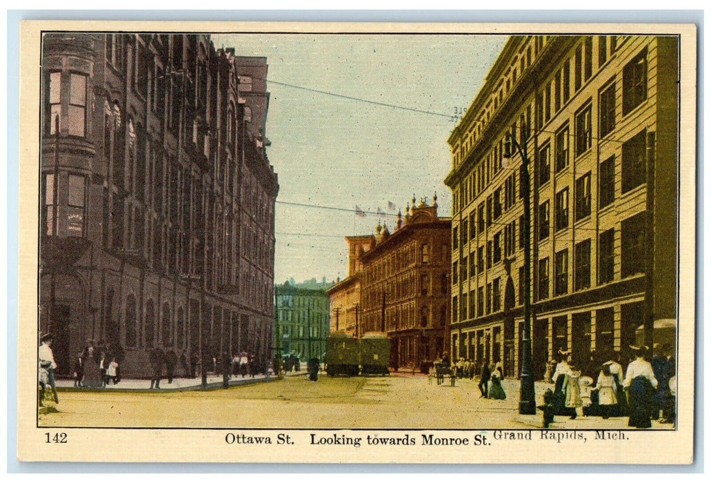 c1910 Ottawa St Looking Towards Monroe St Grand Rapids Michigan Vintage Postcard