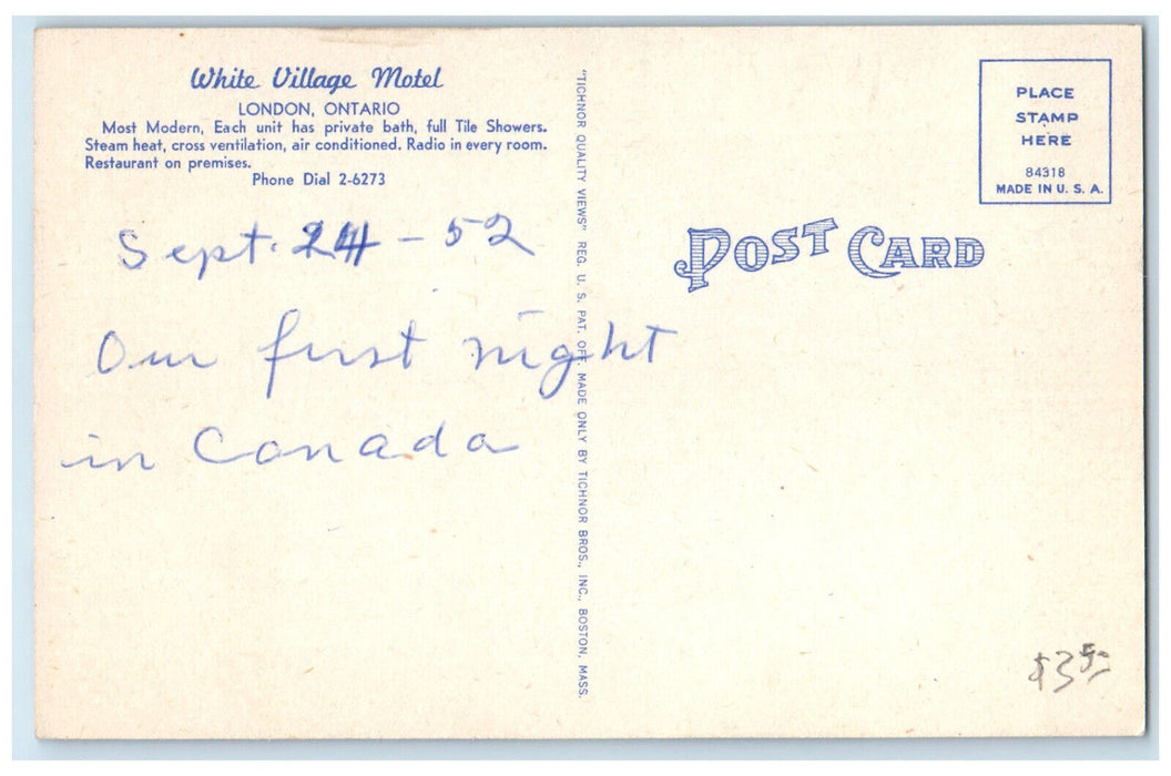 1952 White Village Motel London Ontario Canada Vintage Posted Postcard