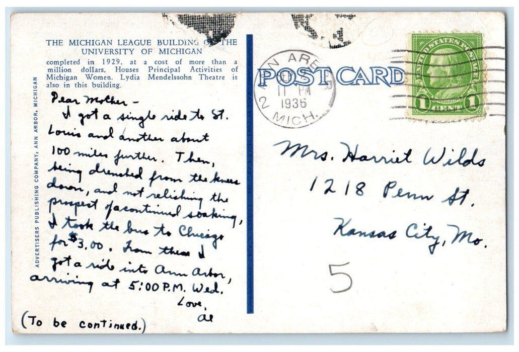 1936 Michigan League Building University Michigan Ann Arbor Michigan MI Postcard