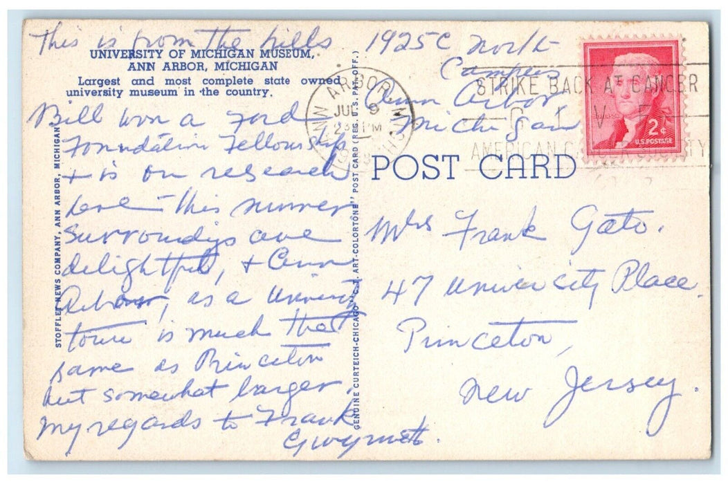 1953 Exterior View University Michigan Museum Ann Arbor Michigan Posted Postcard
