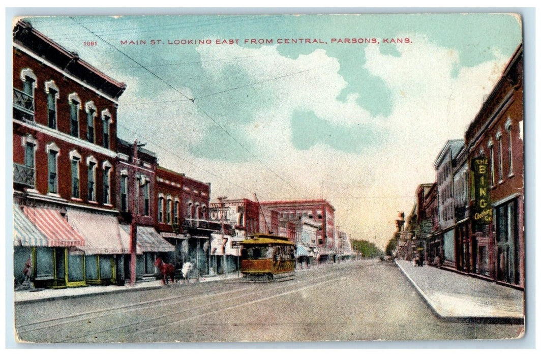 1912 Main St. Looking East Central Streetcar Exterior Parsons Kansas KS Postcard