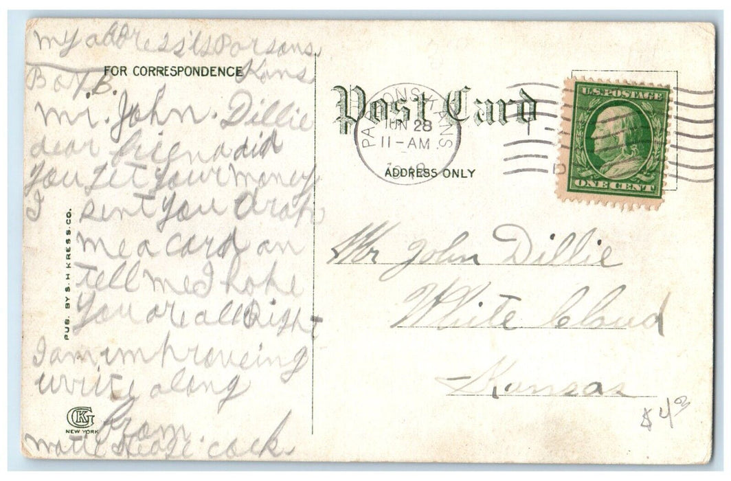 1912 Main St. Looking East Central Streetcar Exterior Parsons Kansas KS Postcard