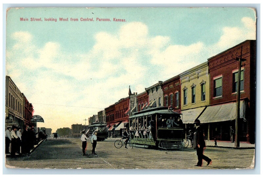 c1910 Main Street Looking West Central Streetcar Parsons Kansas Vintage Postcard