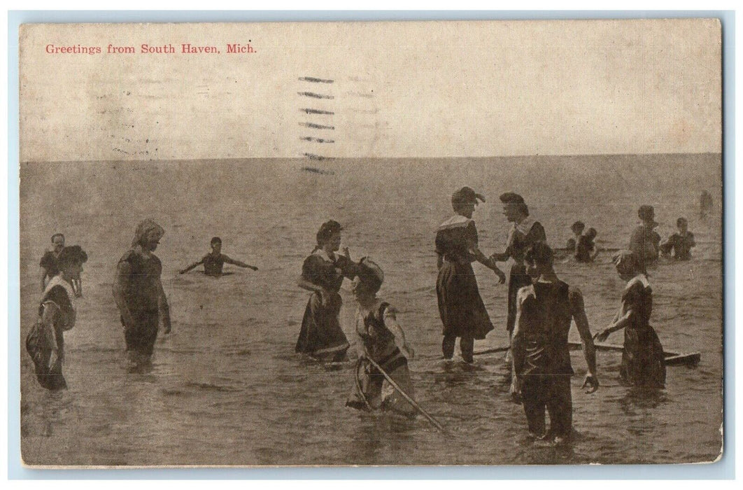 1910 Bathing Beach Greetings South Haven Michigan MI Antique Vintage Postcard