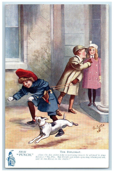c1910's From Punch The Diplomat Dog Children Oilette Tuck's Antique Postcard