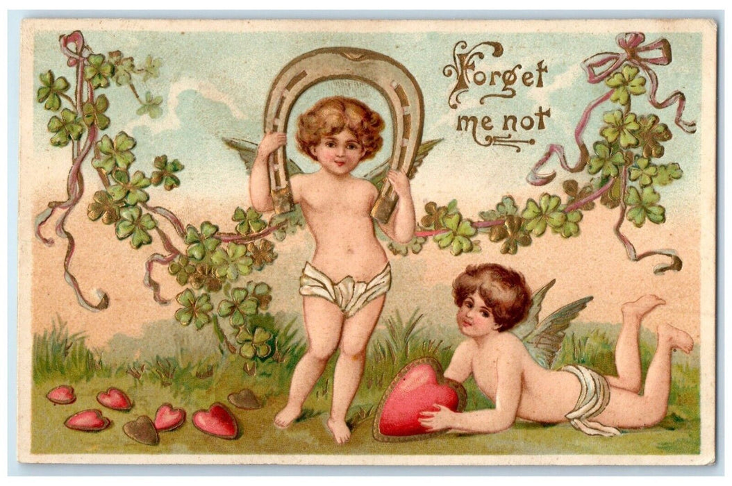 Valentine Hearts Cupid Angels Horseshoe Shamrock Embossed Prospect VA Postcard