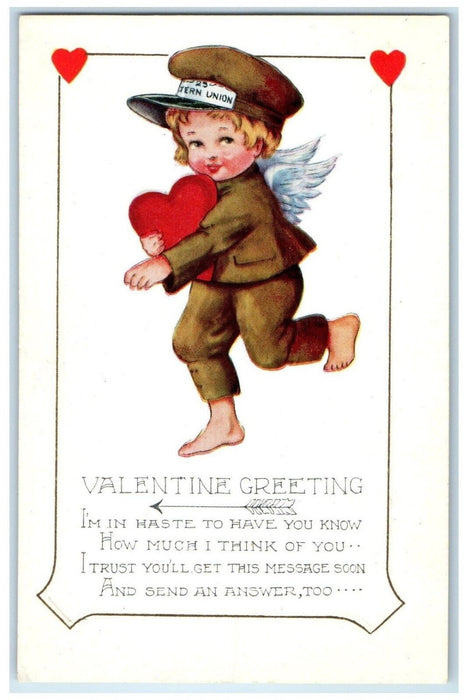 c1910's Valentine Greeting Cupid Angel With Hearts Unposted Antique Postcard