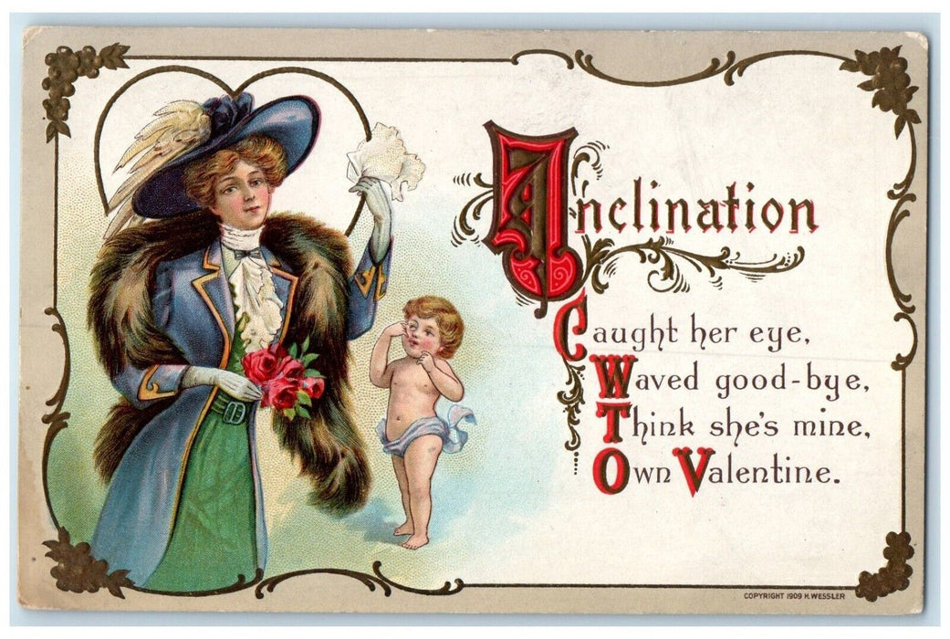 c1910's Valentine Woman Big Hat Fur Cupid Angel Heart Embossed Antique Postcard