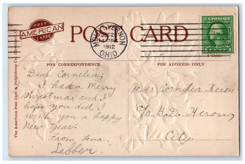 1910 New Year Holly Berries Mt. Vernon Lake Hiawatha Park Embossed Postcard