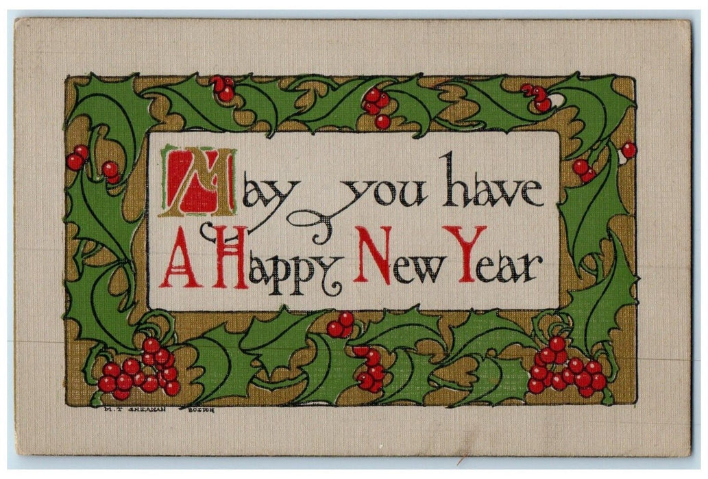 c1910's New Year Arts Craft Holly Berries Old Mystic Connecticut CT Postcard
