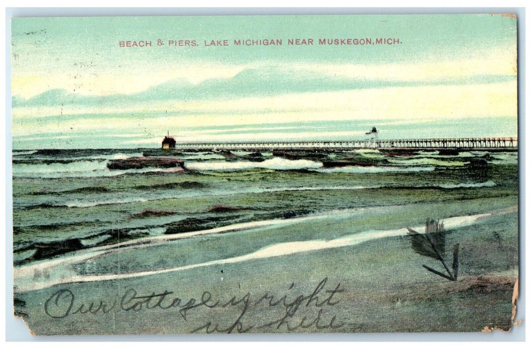 1910 Beach & Piers Lake Michigan Near Muskegon Michigan MI Antique Postcard