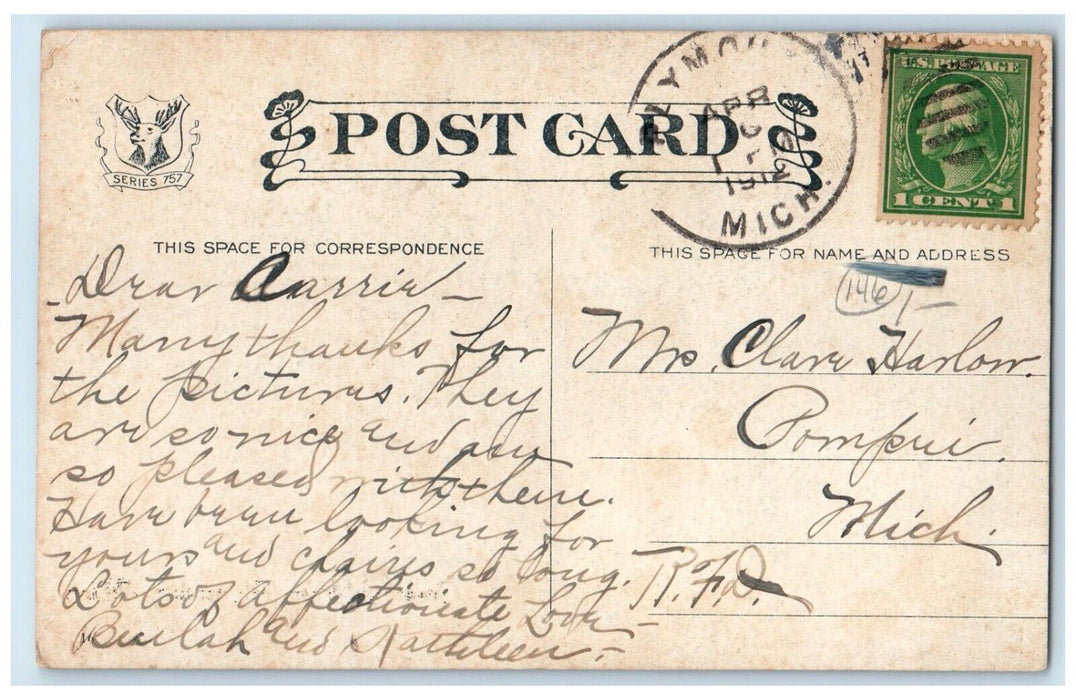 1912 Greetings From Plymouth Michigan MI, River View Posted Vintage Postcard