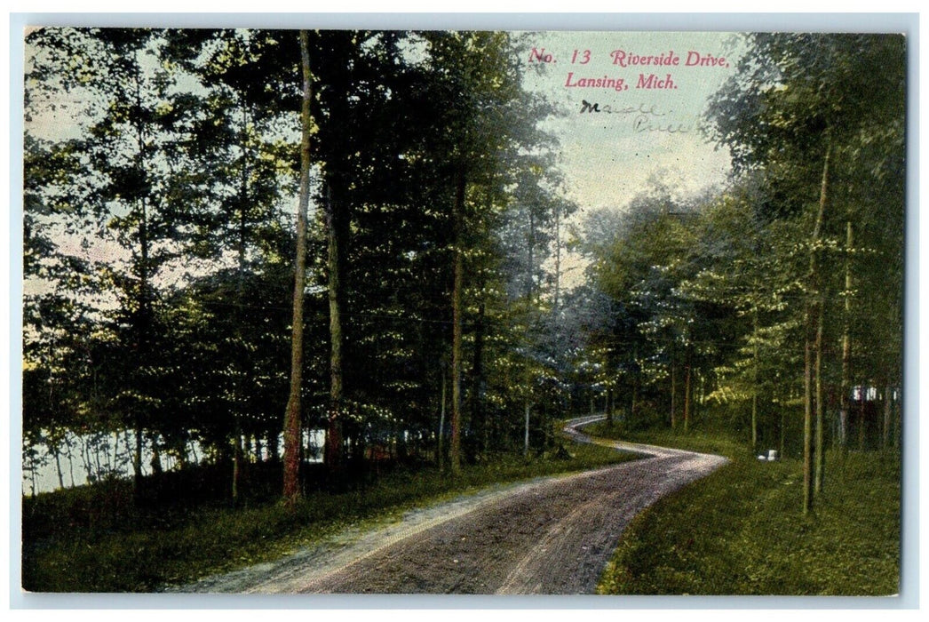 1910 Riverside Drive Dirt Road Trees Scene Lansing Michigan MI Antique Postcard