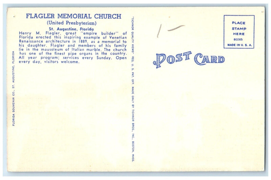 c1940 Flagler Memorial Church Howard Minister Saint Augustine Florida Postcard