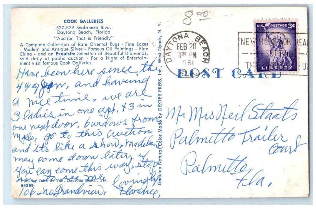 1961 Cook Galleries Seabreeze Blvd. Auction Cook Daytona Beach Florida Postcard