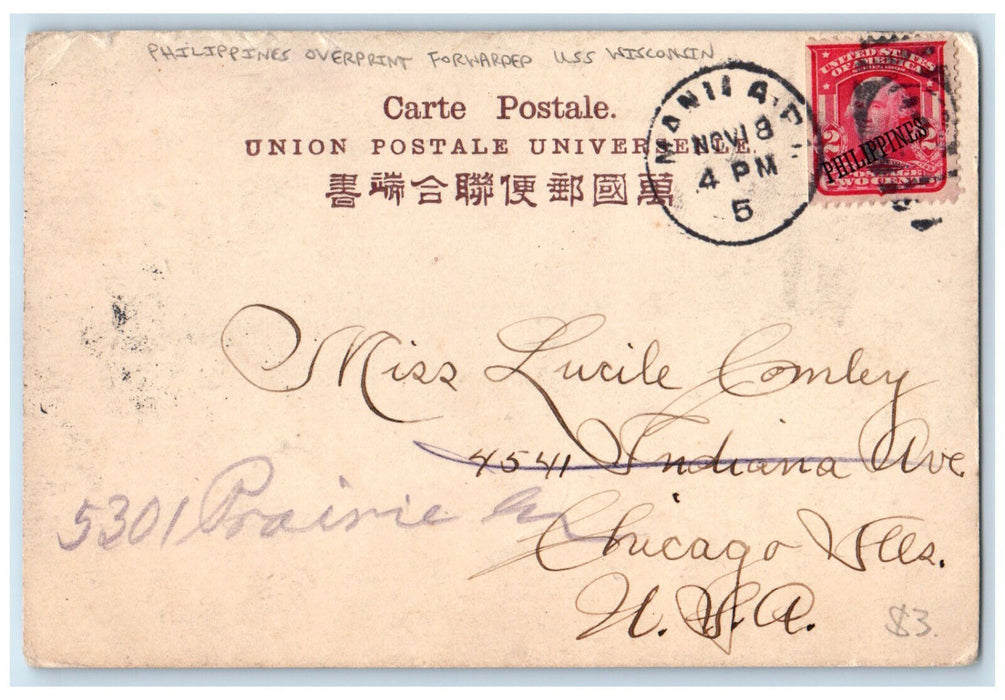 c1905 Nagasaki Japan Philippines Overprint Forwarded USS Wisconsin Postcard