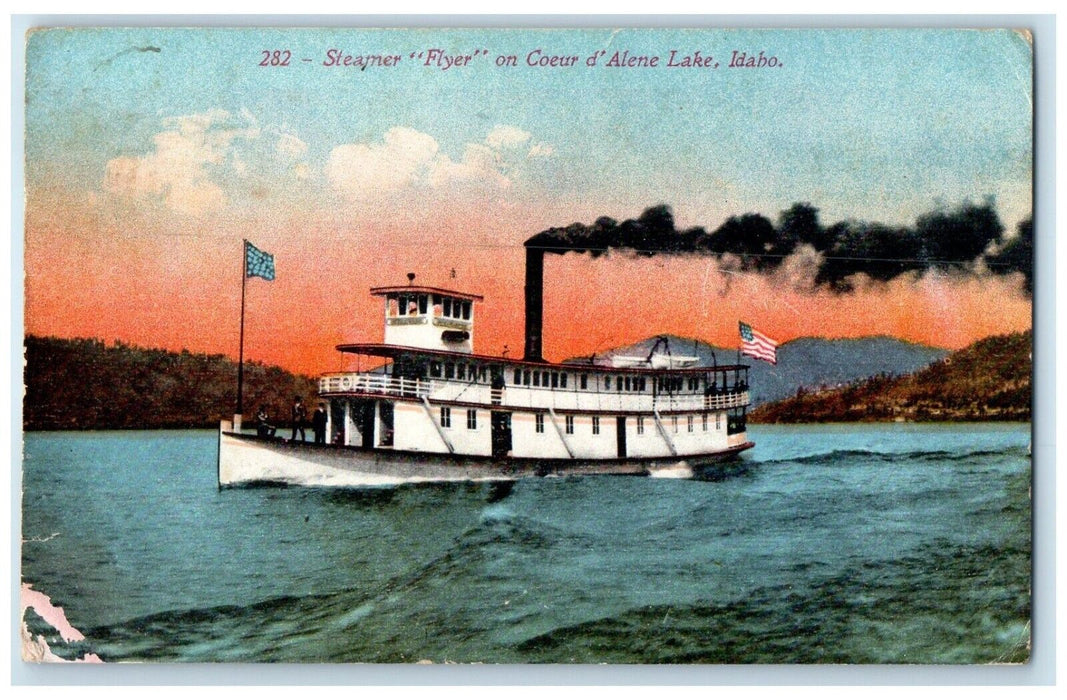 c1910's Steamer Flyer On Coeur D Alene Lake Idaho ID Posted Antique Postcard