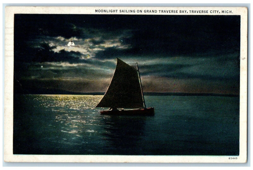 1936 Moonlight Sailing Grand Traverse Bay Traverse City Michigan Posted Postcard