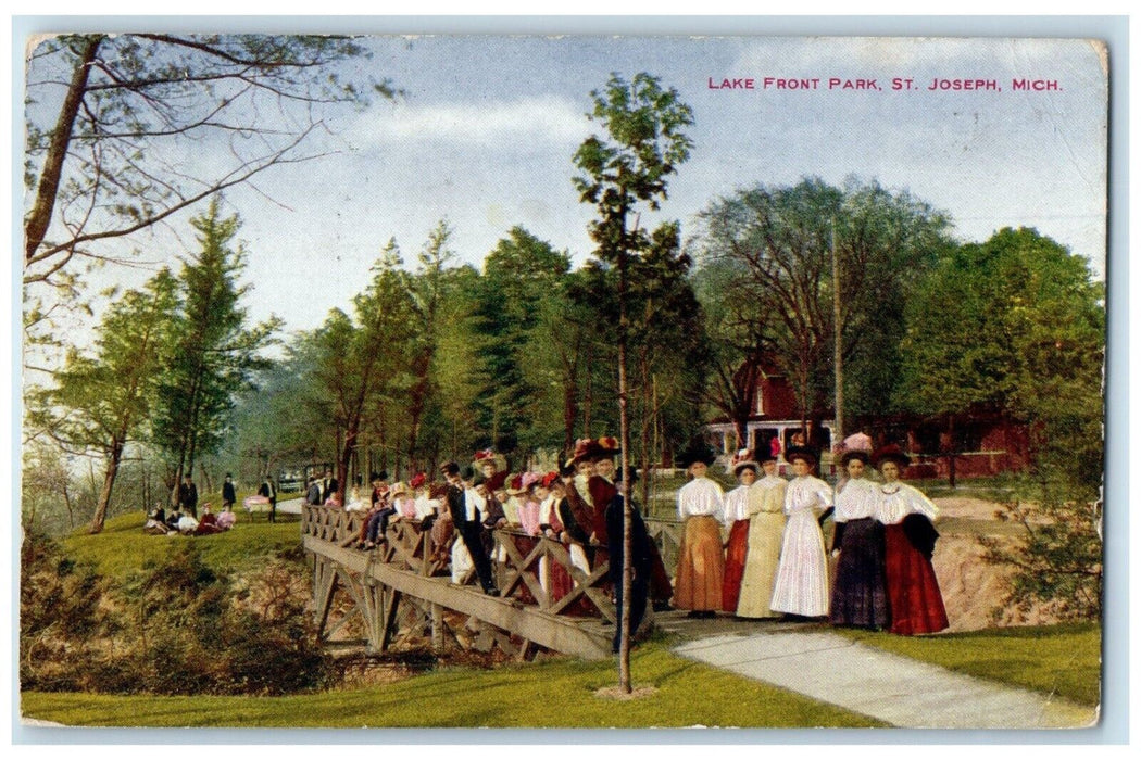 c1910 Wooden Bridge Lake Front Park St Joseph Michigan Vintage Antique Postcard