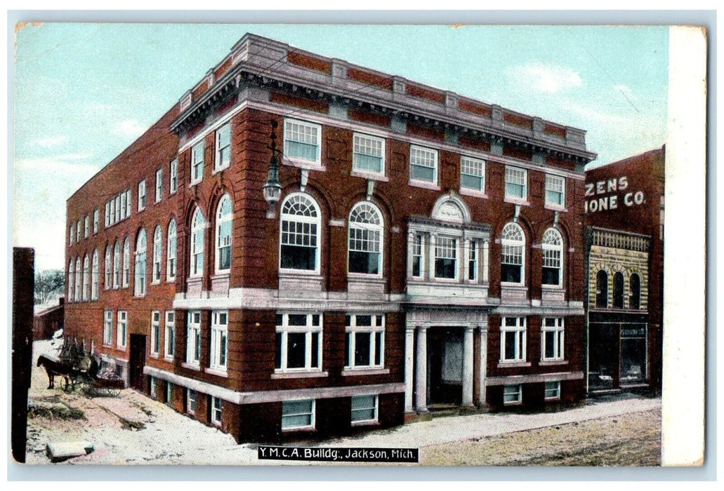 c1910 Exterior YMCA Building Horse Carriage Jackson Michigan MI Antique Postcard