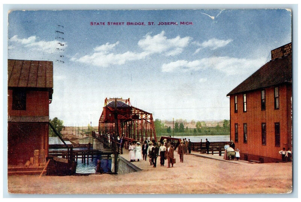 1914 Scenic View State Street Bridge St Joseph Michigan Antique Vintage Postcard