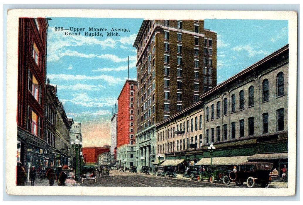 c1920 Upper Monroe Avenue Buildings Classic Cars Grand Rapids Michigan Postcard