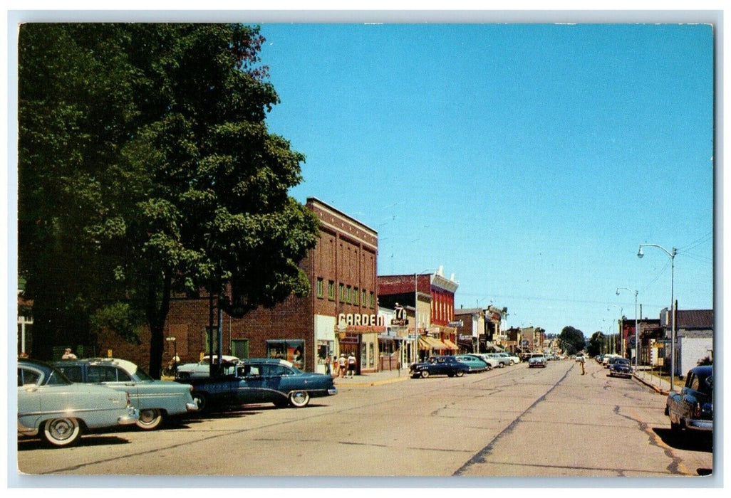 c1960 Main Street Classic Cars Building Road Frankfort Michigan Antique Postcard