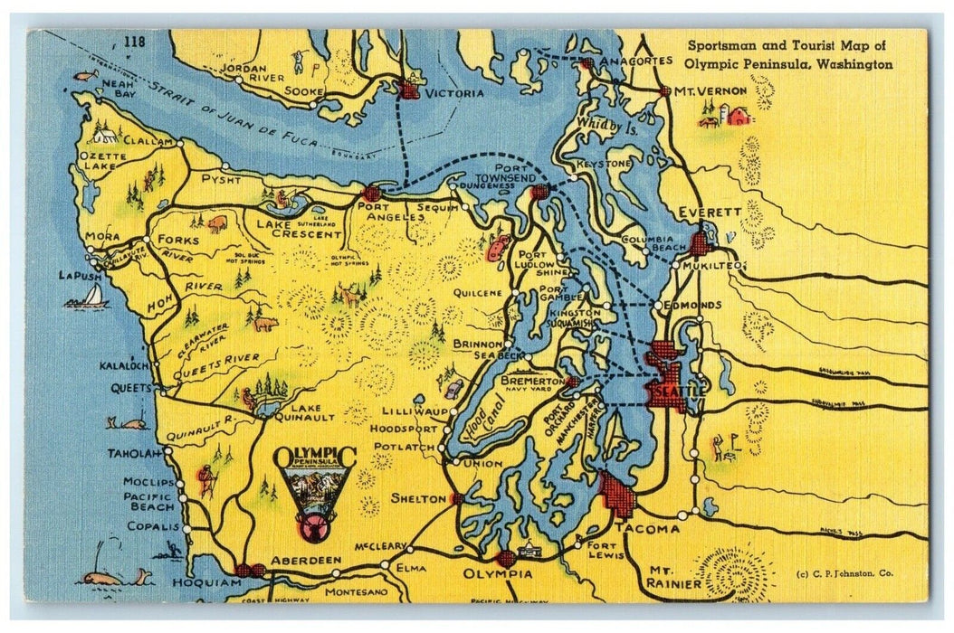 Sportsman And Tourist Map Of Olympic Peninsula Washington WA Map Postcard