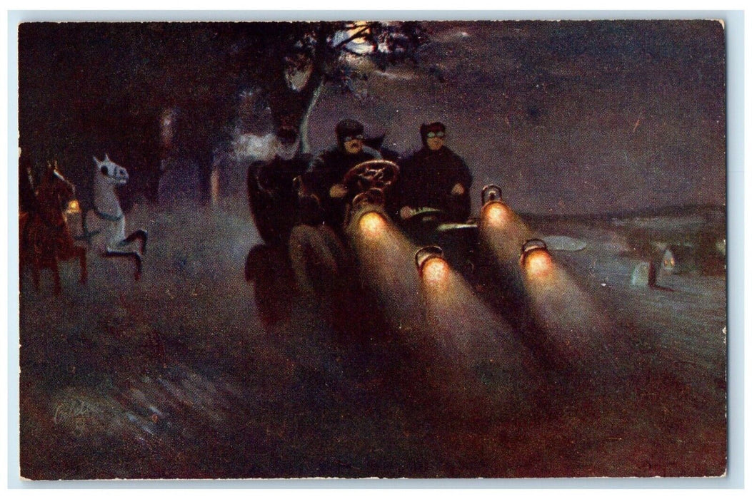 c1910's Men Riding Car Horses Moon Scene Tuck's Unposted Antique Postcard