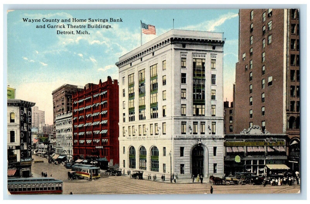 1910 Wayne County Home Savings Bank Garrick Theatre Detroit Michigan MI Postcard