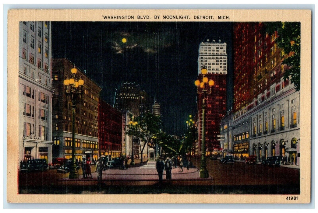 1944 Washington Boulevard Moonlight Detroit Michigan MI Antique Postcard