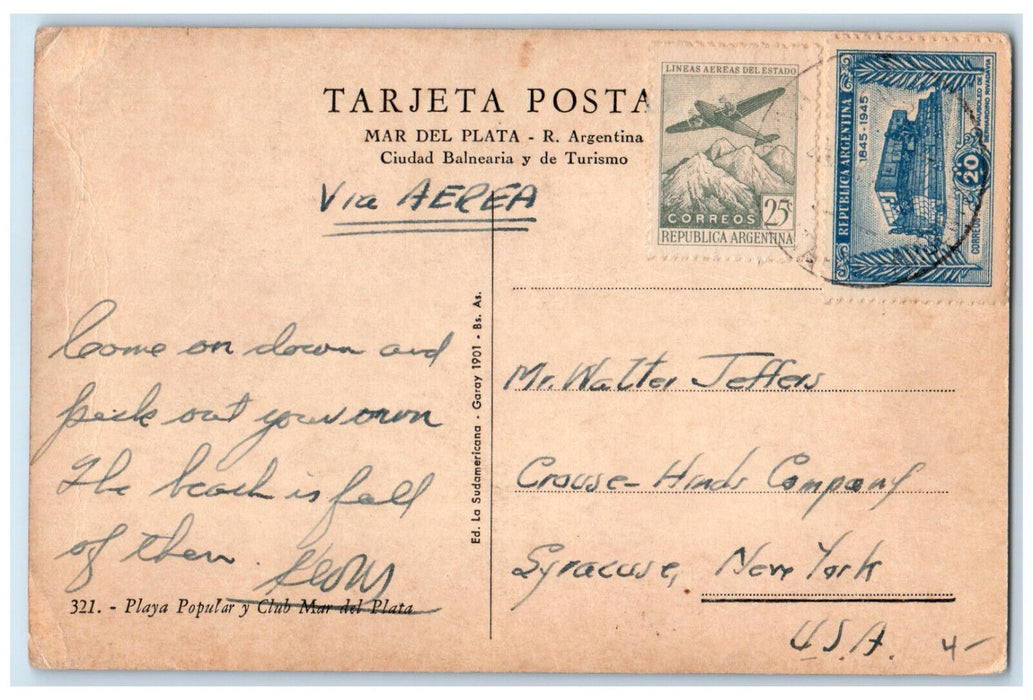 c1940's Popular Beach and Club Mar Del Plata Argentina Antique Posted Postcard
